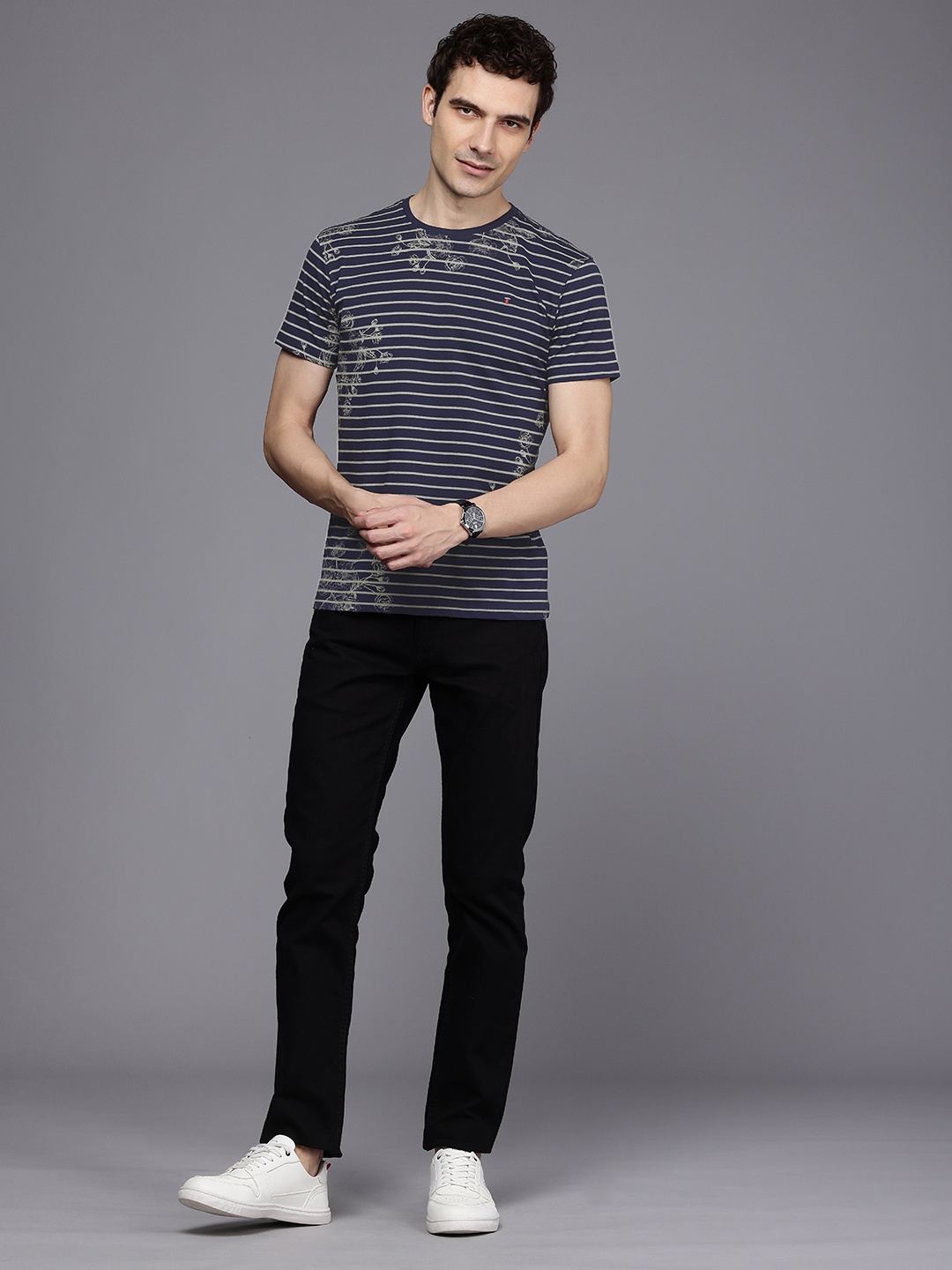 

Louis Philippe Jeans Striped & Floral Printed Pure Cotton Slim Fit T-shirt, Navy blue