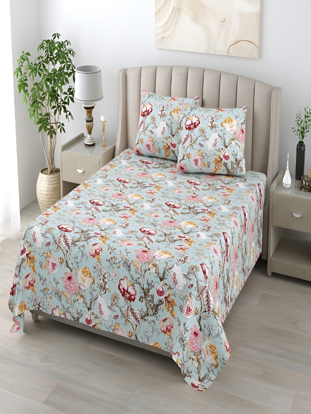 

CHICERY Turquoise Blue & Pink Floral 160 TC Single Bedsheet with 1 Pillow Covers