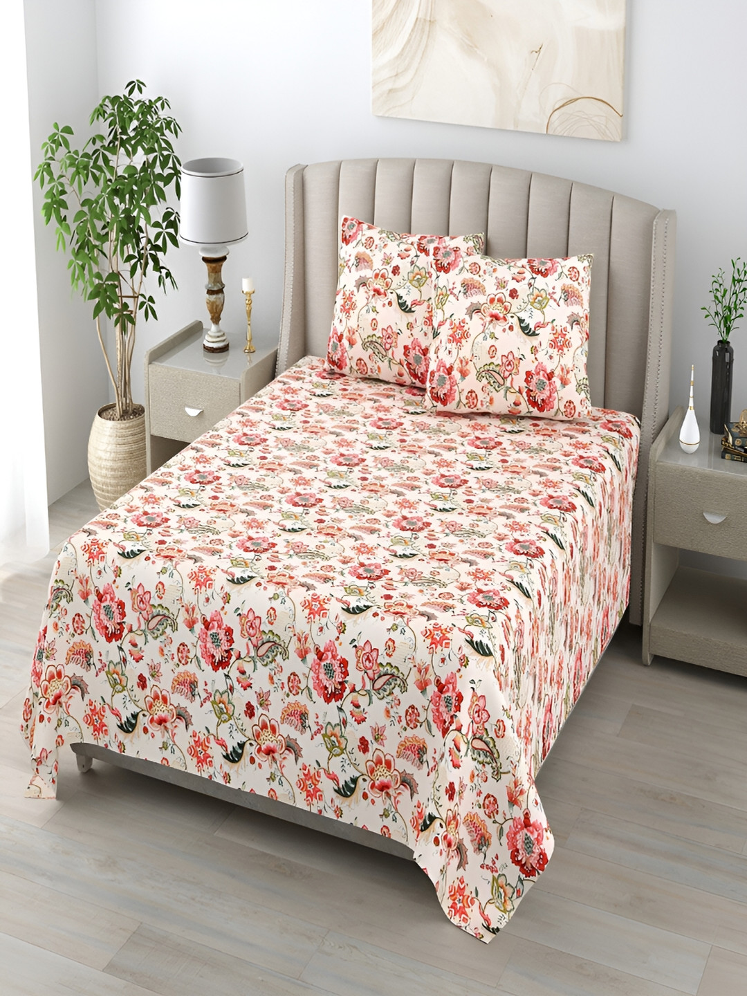 

CHICERY Peach-Coloured & White Floral 144 TC Cotton Single Bedsheet With 1 Pillow Cover