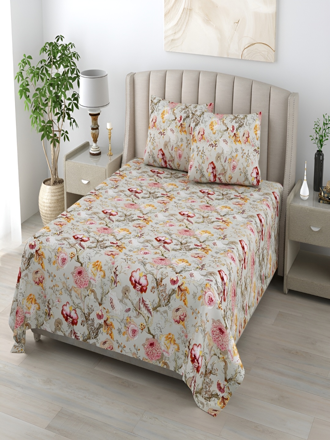 

CHICERY Red & Yellow Floral 210 TC Single Bedsheet with 1 Pillow Covers