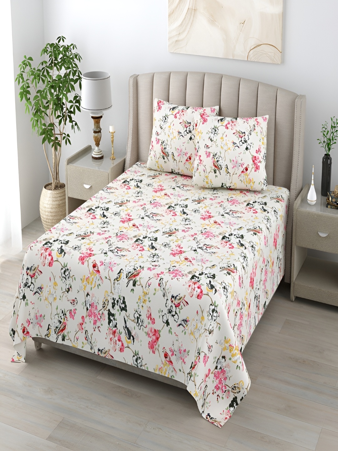 

CHICERY White & Pink Floral 160 TC Queen Bedsheet with Pillow Covers