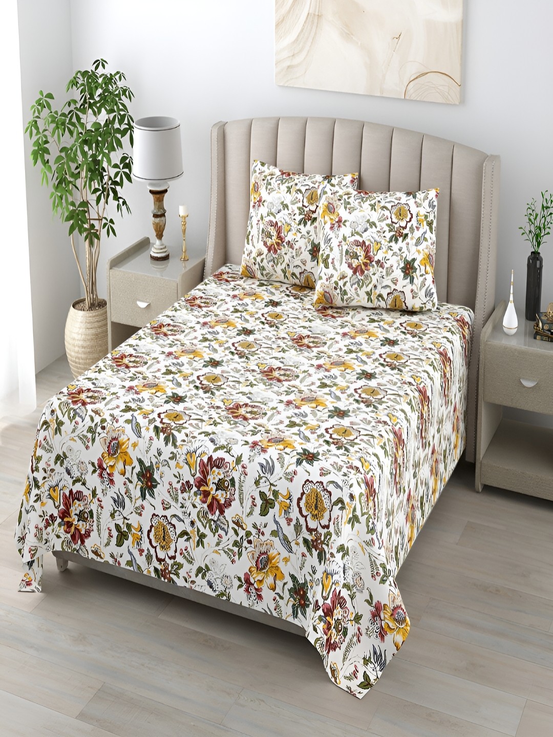 

CHICERY Yellow & White Floral 210 TC Queen Bedsheet with 2 Pillow Covers