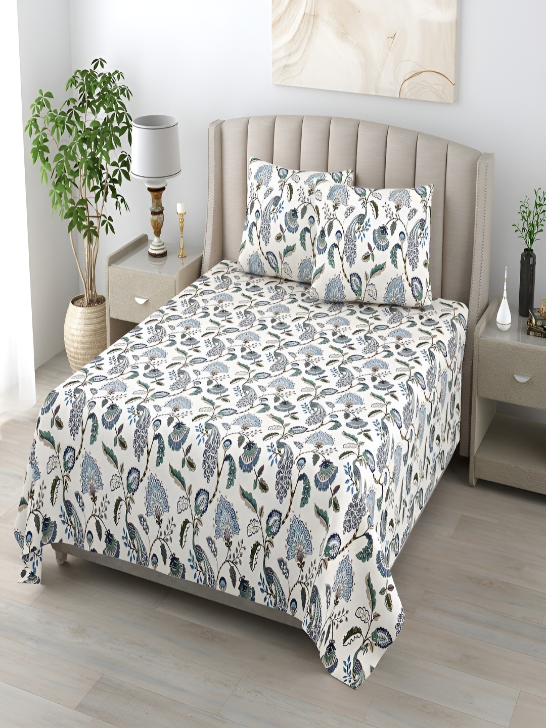 

CHICERY White & Blue Floral 210 TC Single Bedsheet with 1 Pillow Covers