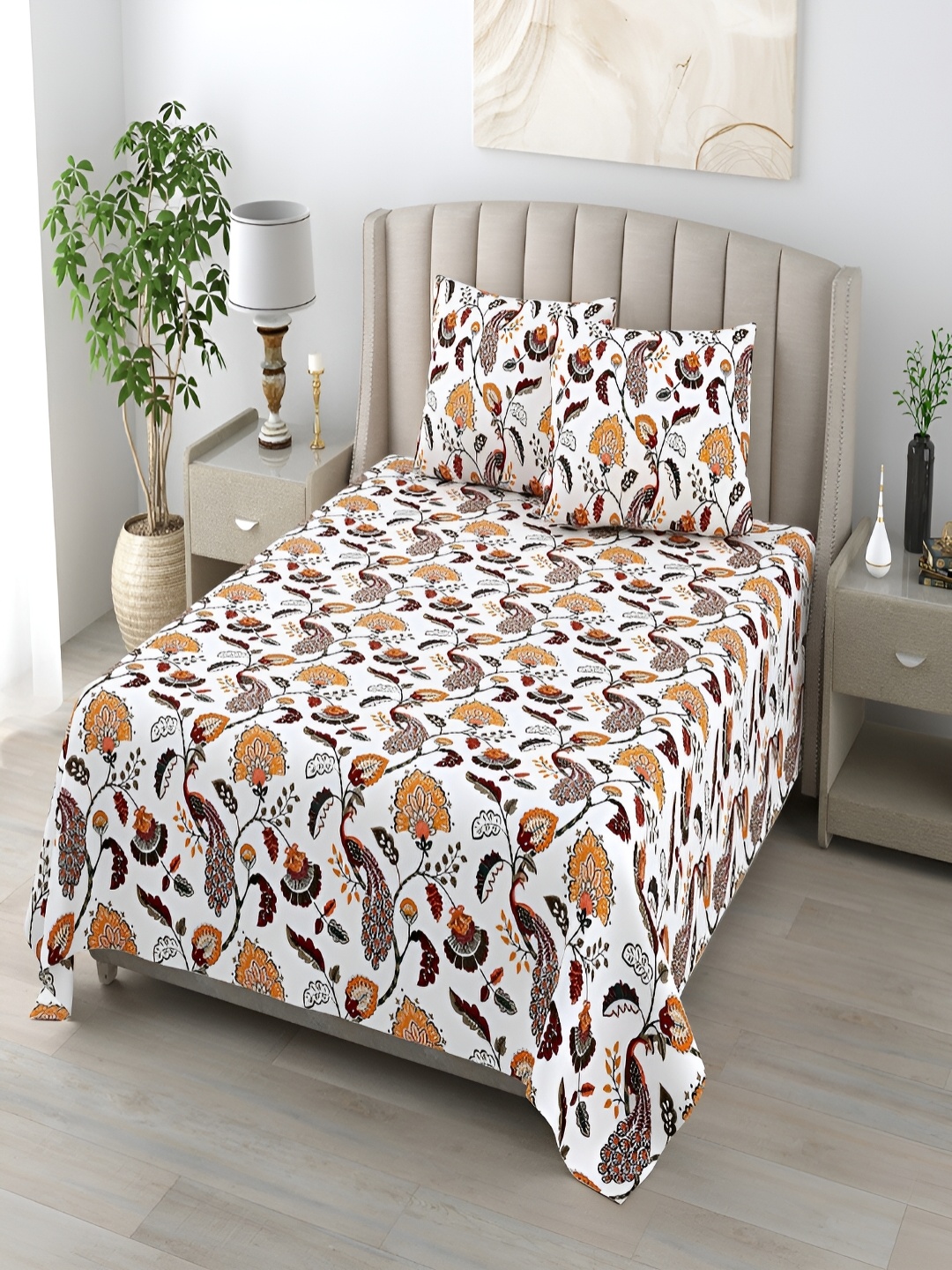 

CHICERY Orange & White Floral 210 TC King Bedsheet with 2 Pillow Covers