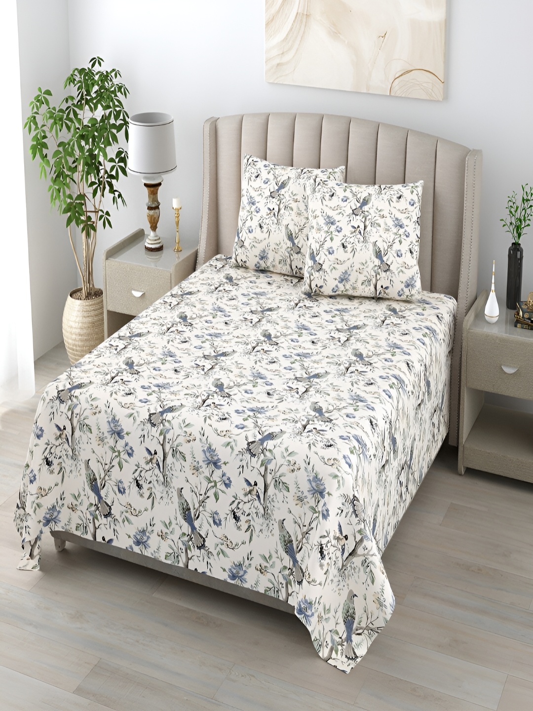 

CHICERY Grey & White Floral 210 TC Cotton King Bedsheet With 2 Pillow Covers