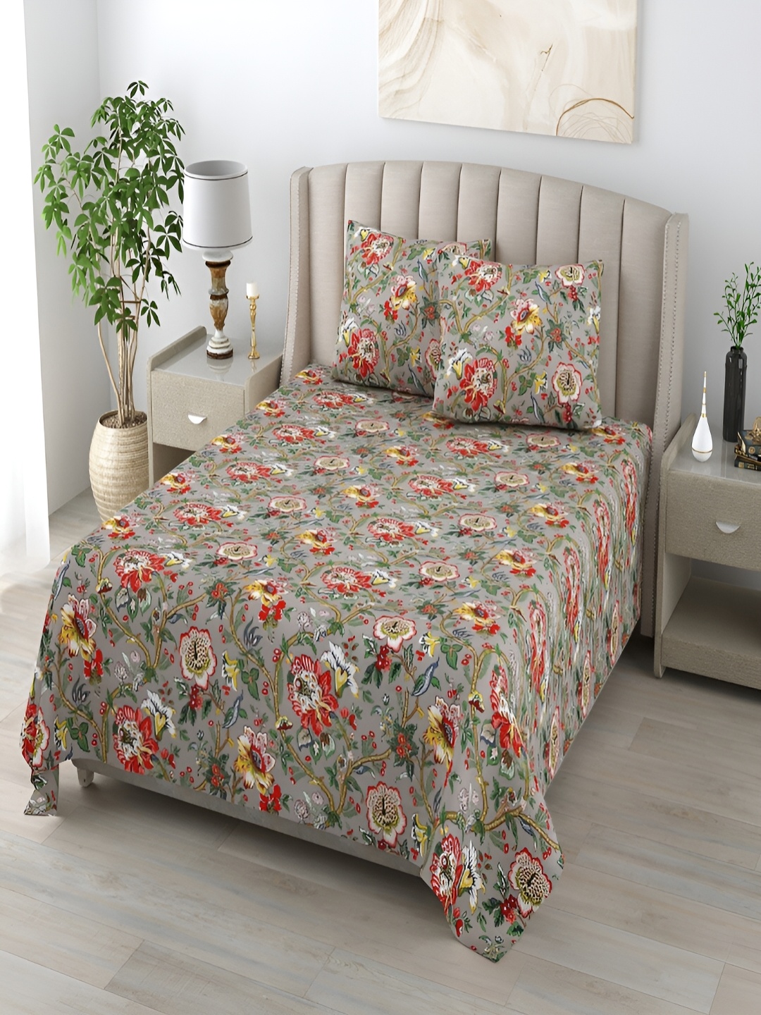 

CHICERY Yellow & Grey Floral 210 TC Cotton Single Bedsheet With 1 Pillow Cover