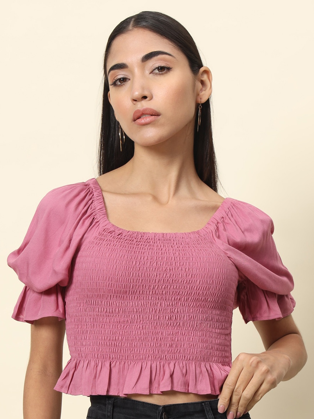 

Trend Arrest Square Neck Puff Sleeve Crop Top, Pink