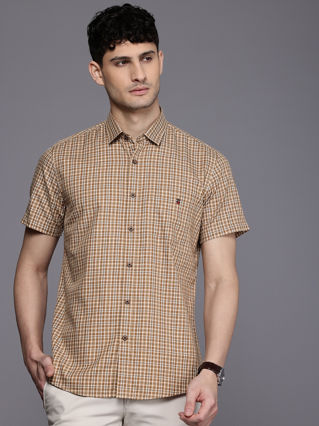

Louis Philippe Sport Slim Fit Checked Pure Cotton Formal Shirt, Brown