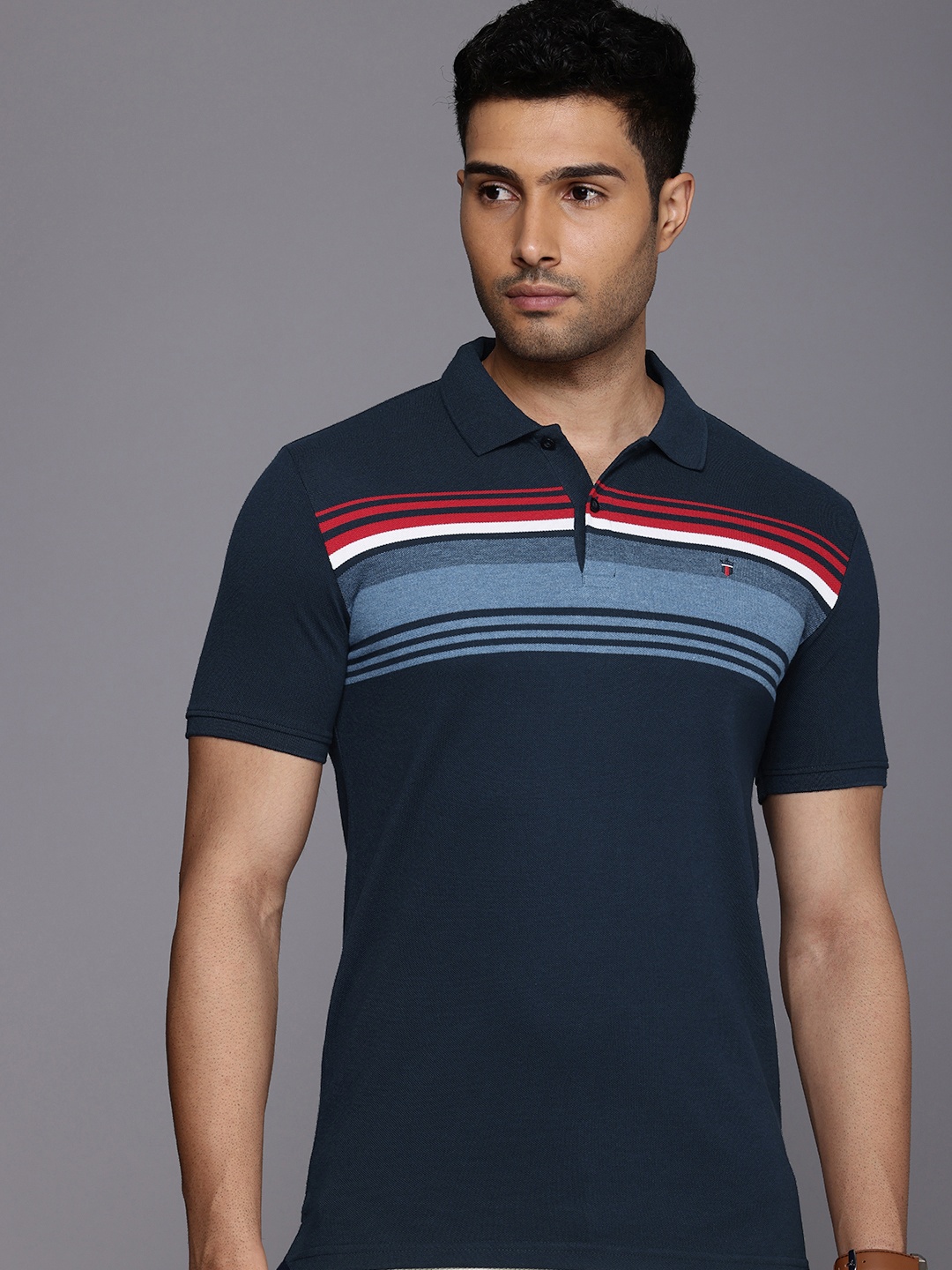 

Louis Philippe Sport Striped Polo Collar Slim Fit T-shirt, Navy blue