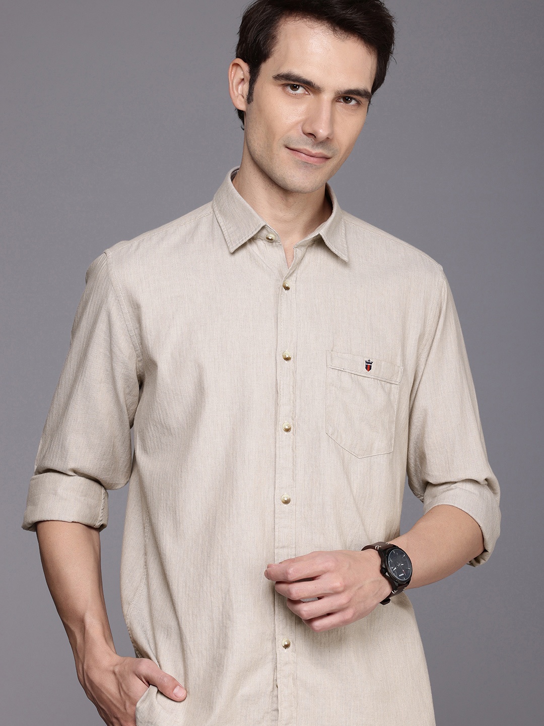 

Louis Philippe Sport Pure Cotton Self Design Slim Fit Textured Casual Shirt, Beige