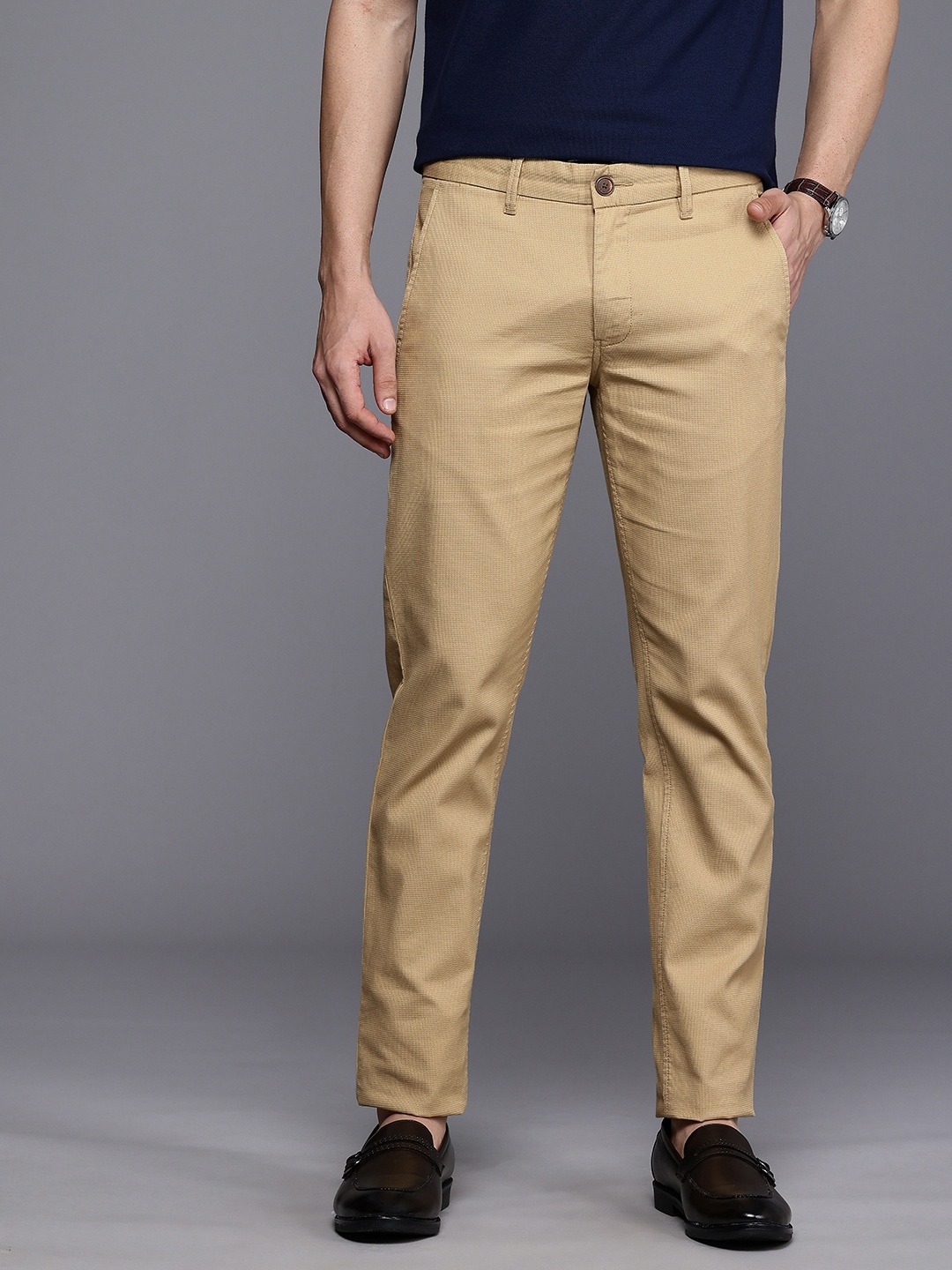 

Louis Philippe Sport Men Self-Checked Super Slim Fit Trousers, Khaki