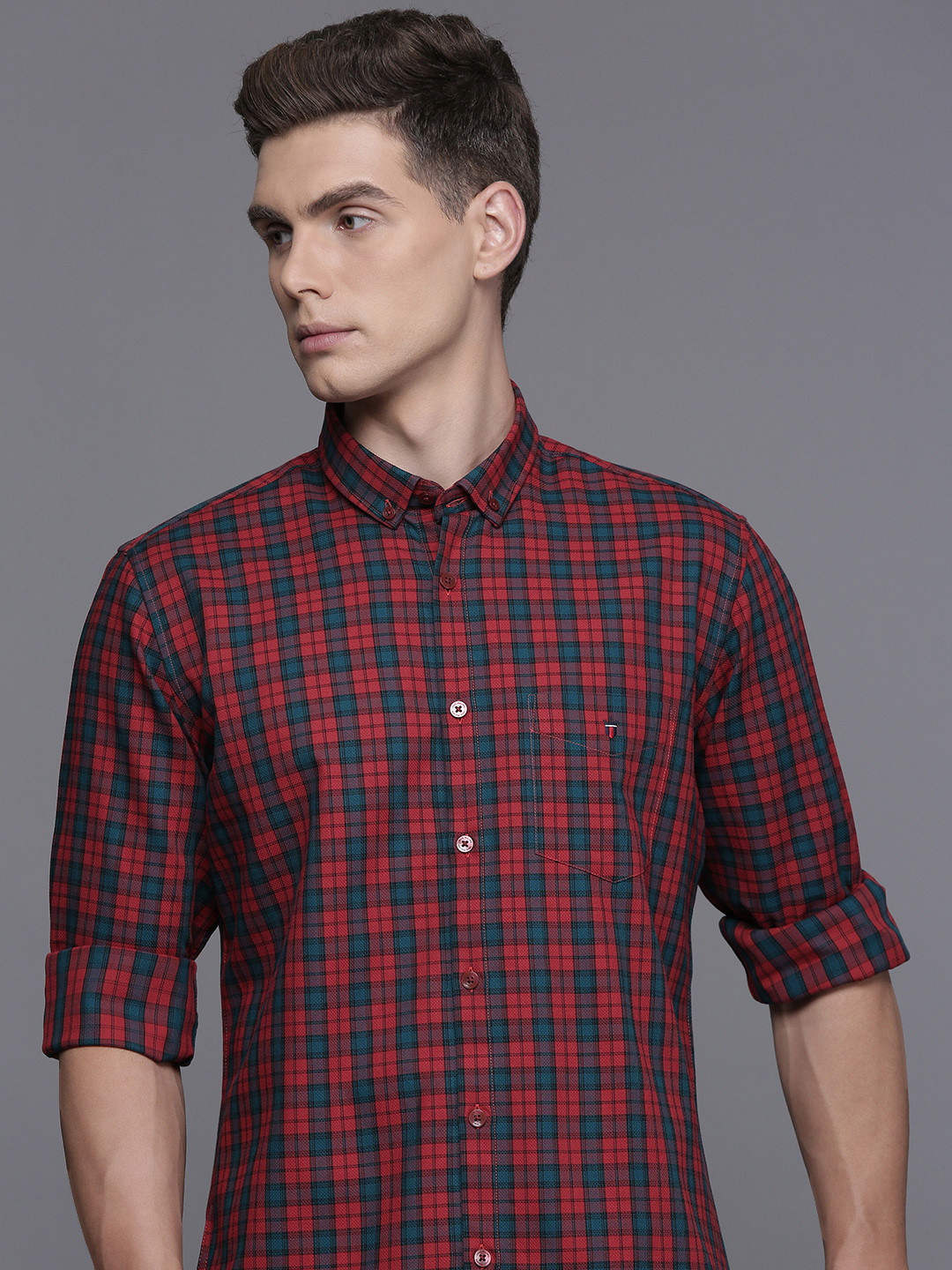 

Louis Philippe Sport Pure Cotton Slim Fit Checked Casual Shirt, Red