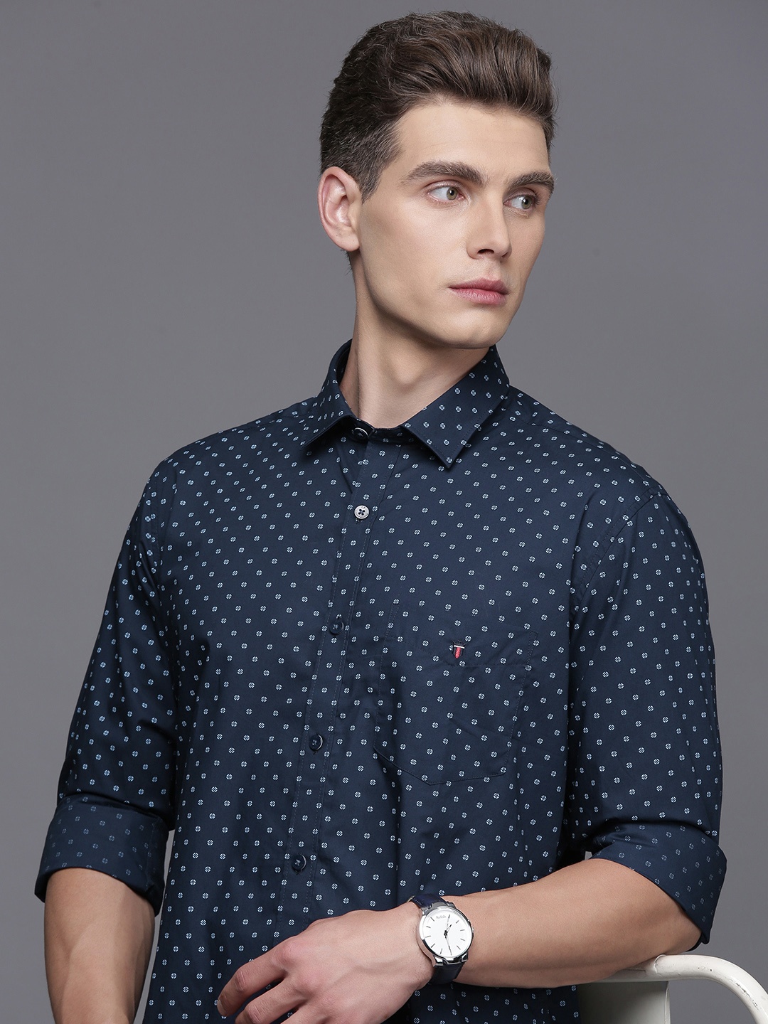 

Louis Philippe Sport Pure Cotton Slim Fit Opaque Printed Casual Shirt, Navy blue