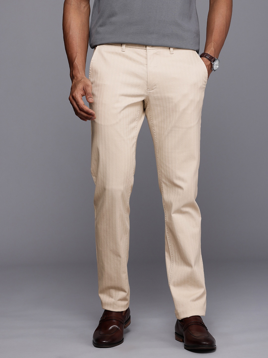 

Louis Philippe Sport Men Striped Tapered Fit Smart Casual Trousers, Beige