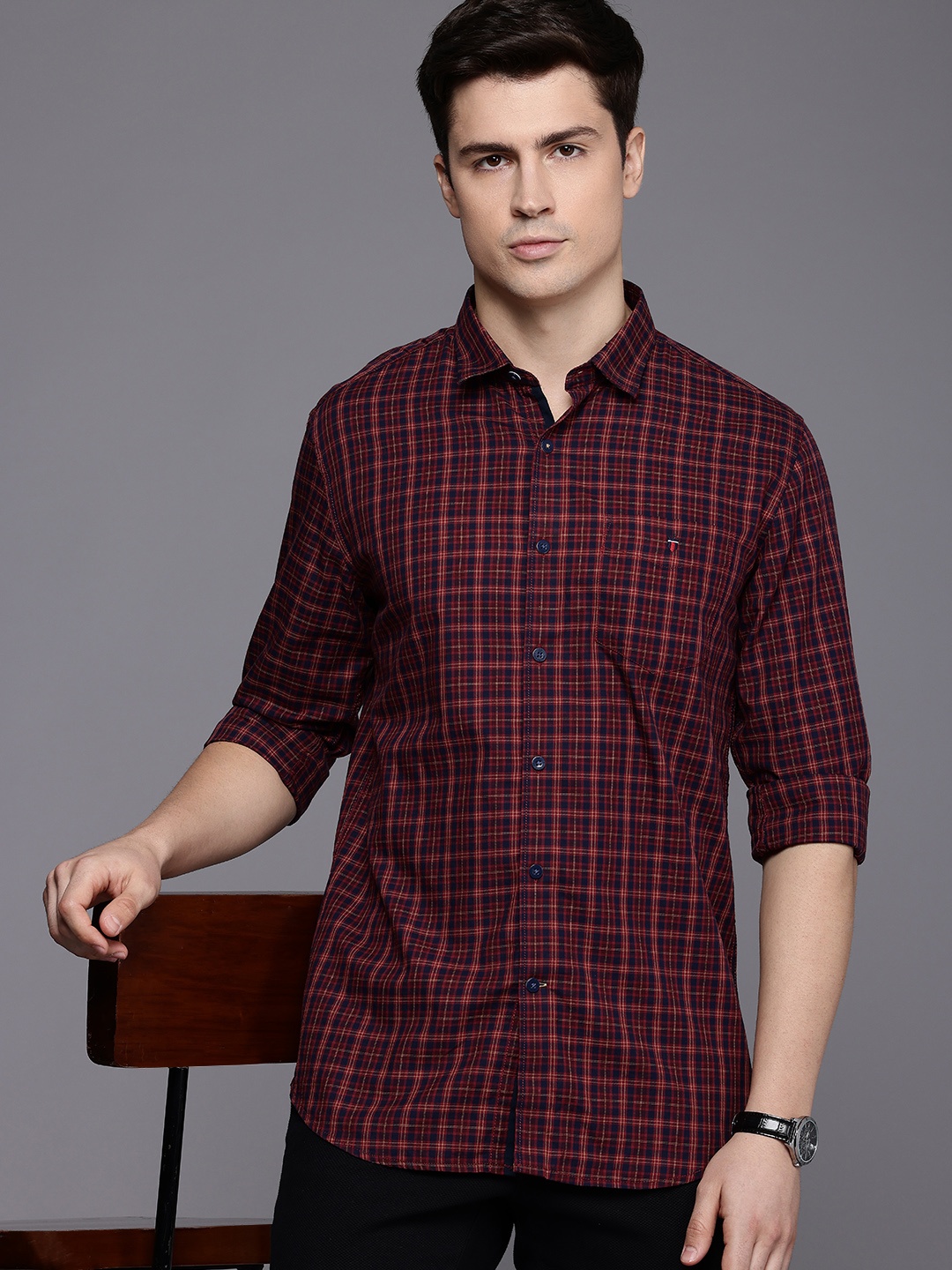 

Louis Philippe Sport Pure Cotton Super Slim Fit Checked Casual Shirt, Maroon
