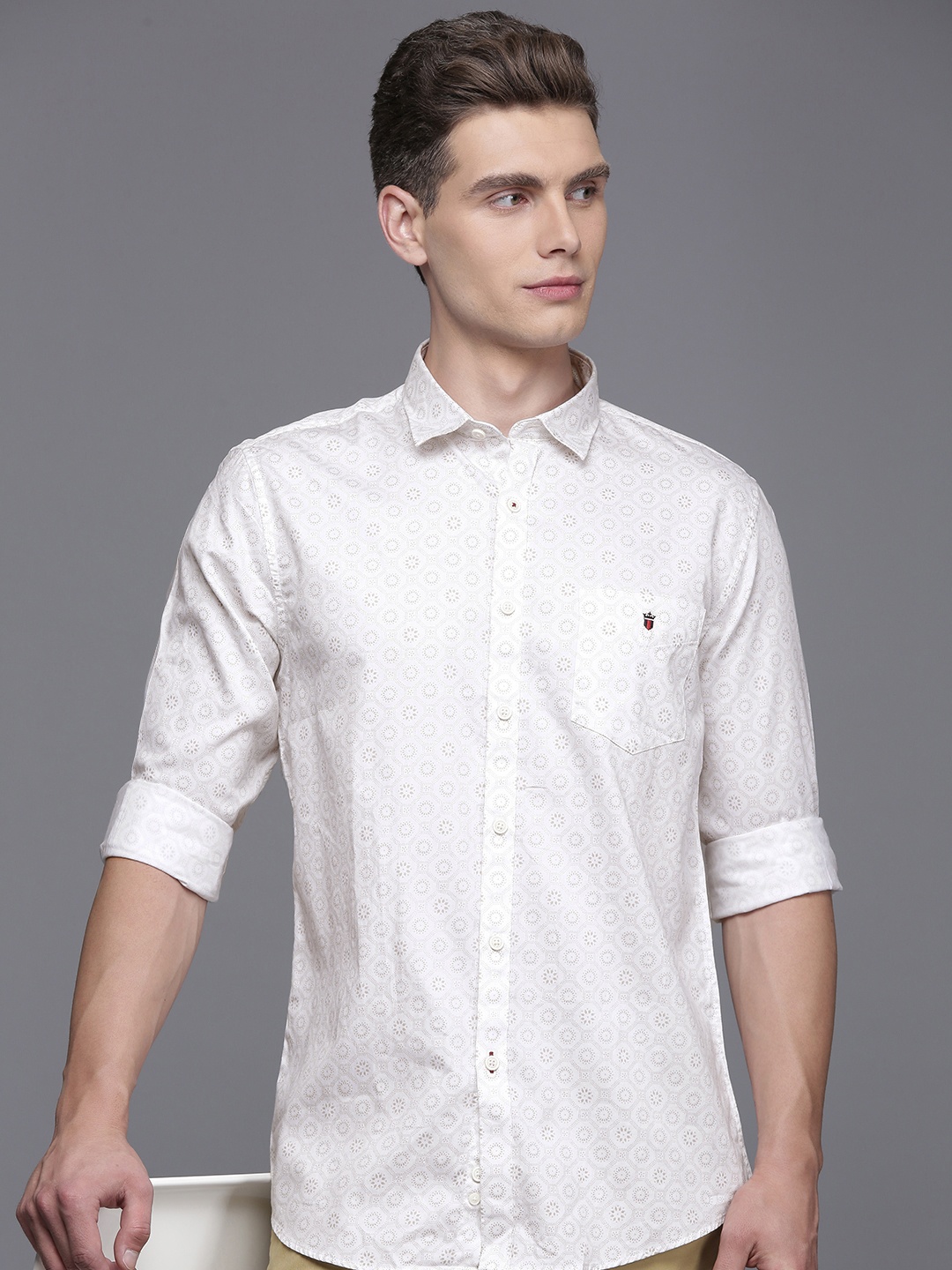 

Louis Philippe Sport Pure Cotton Super Slim Fit Geometric Printed Casual Shirt, White