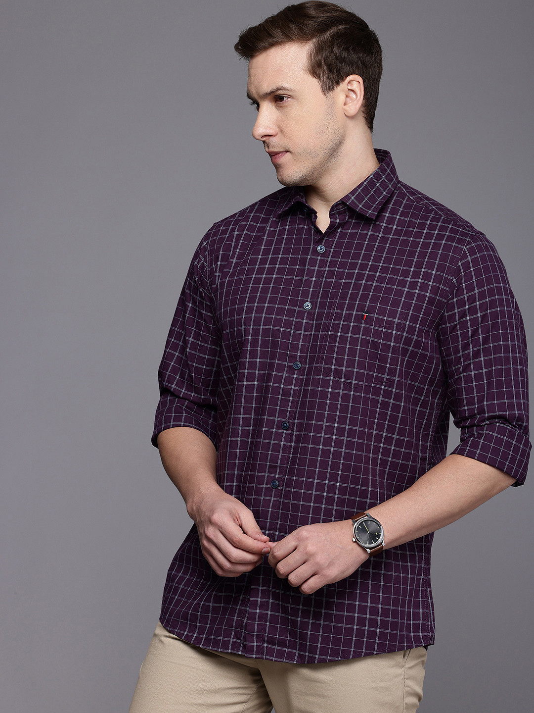 

Louis Philippe Sport Pure Cotton Slim Fit Checked Casual Shirt, Violet