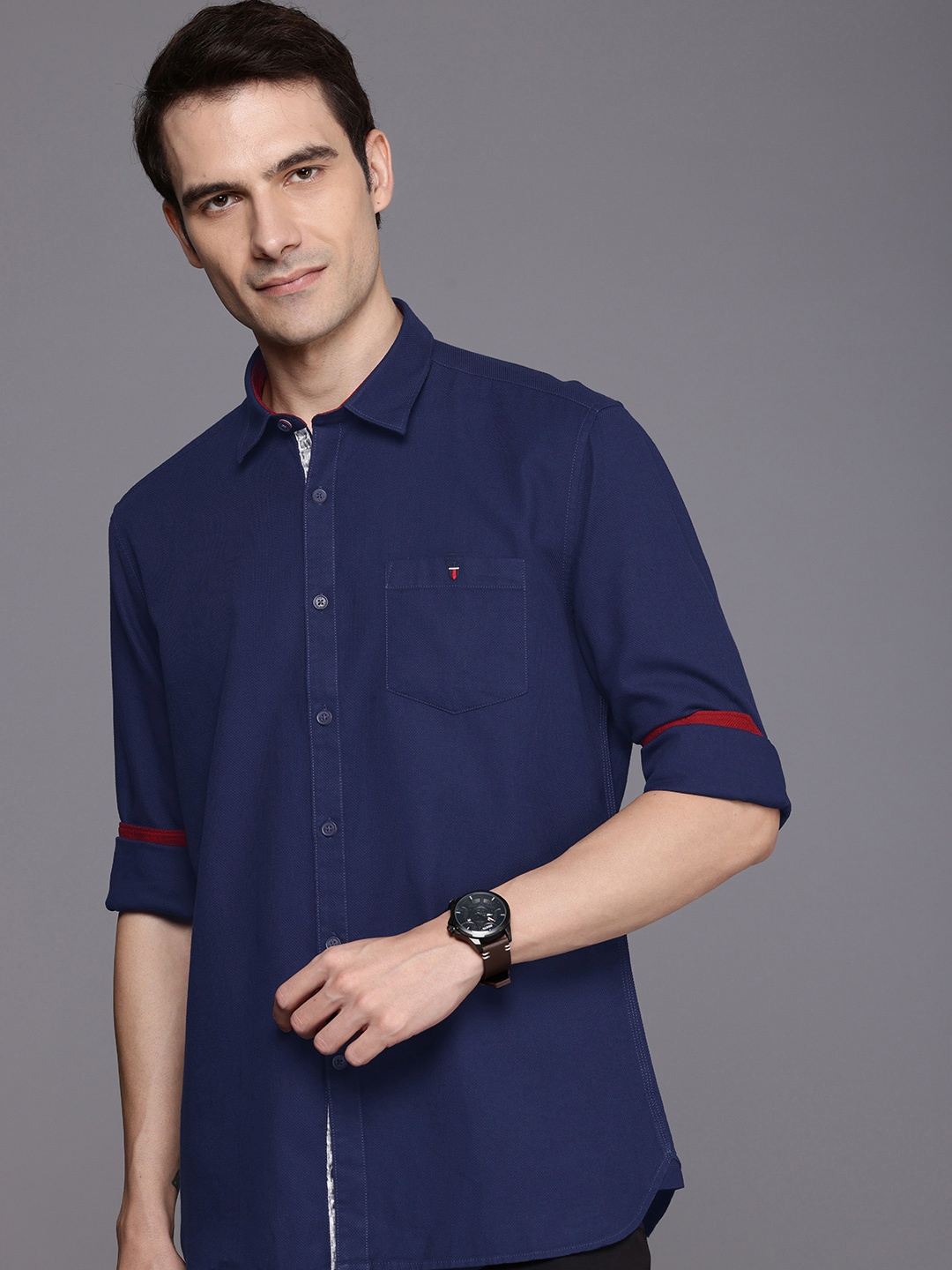 

Louis Philippe Sport Pure Cotton Slim Fit Opaque Casual Shirt, Navy blue