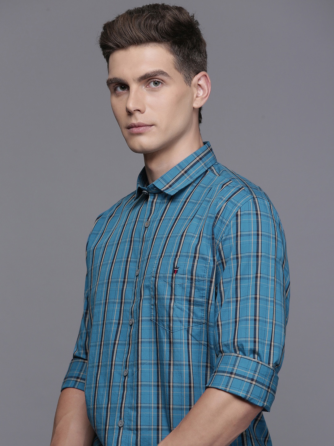 

Louis Philippe Sport Pure Cotton Slim Fit Opaque Checked Casual Shirt, Blue