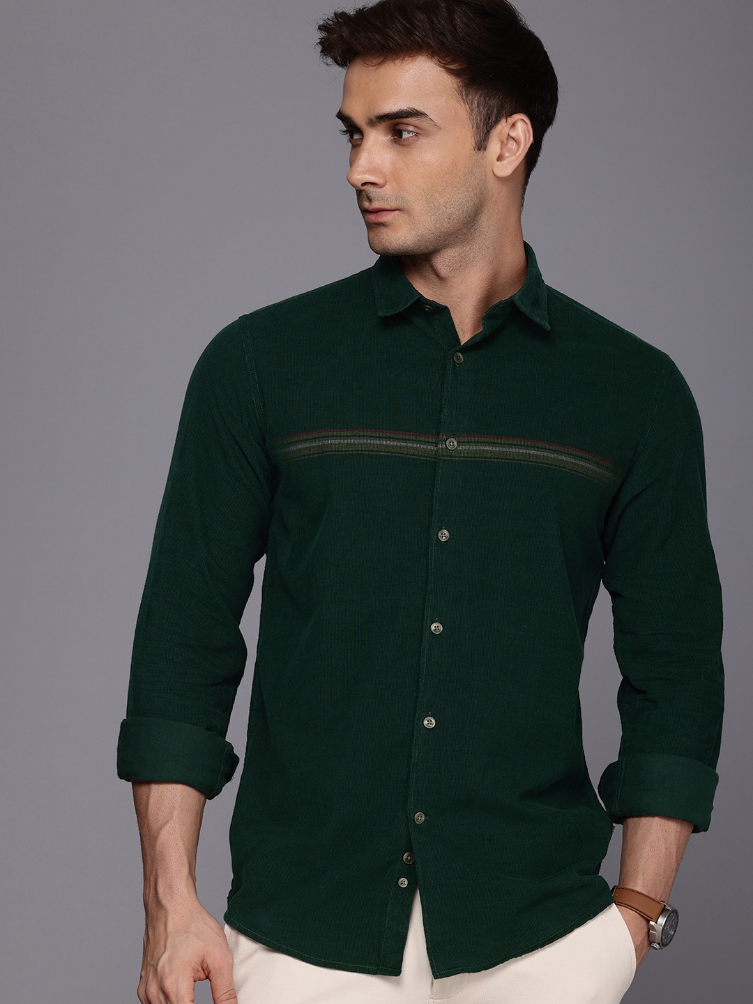 

Louis Philippe Sport Pure Cotton Super Slim Fit Striped Casual Shirt, Green