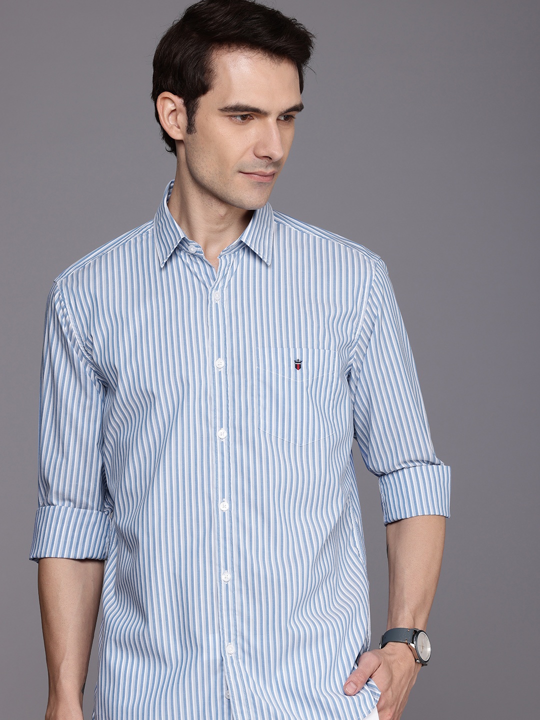 

Louis Philippe Sport Men Slim Fit Pure Cotton Striped Casual Shirt, Blue