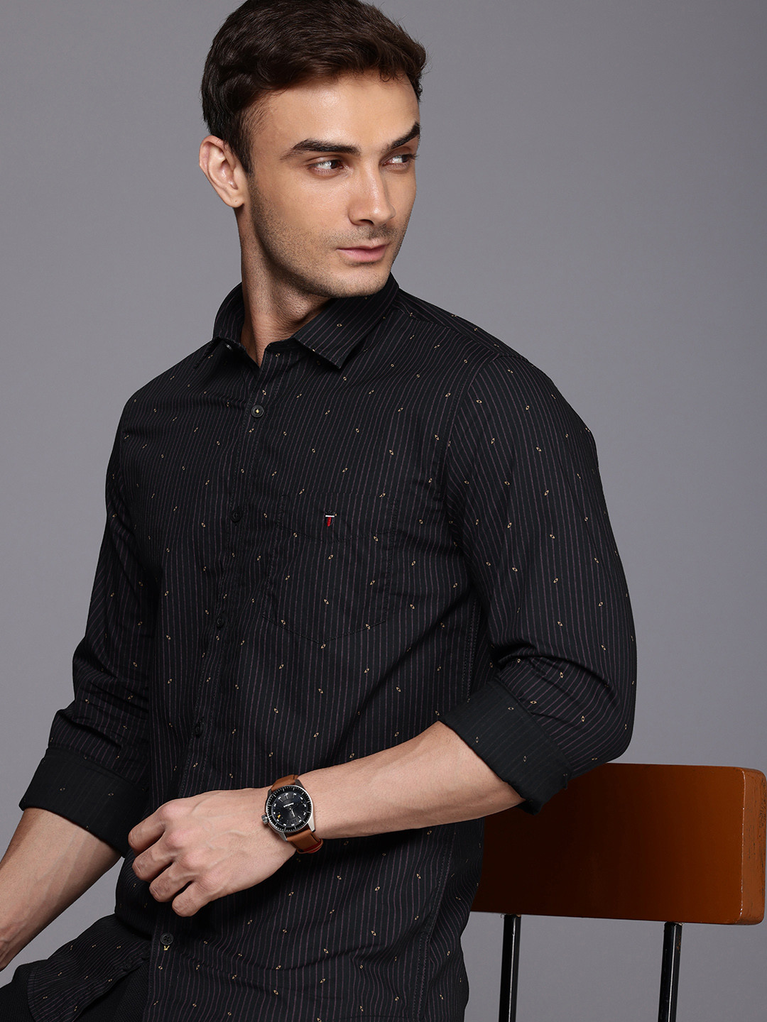 

Louis Philippe Sport Pure Cotton Super Slim Fit Striped Casual Shirt, Black