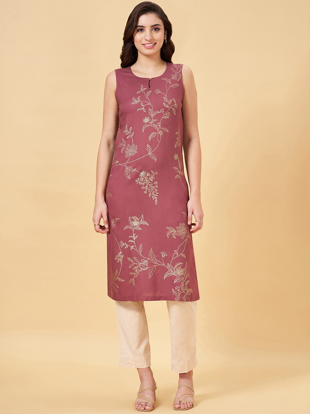 

RANGMANCH BY PANTALOONS Floral Printed Keyhole Neck Straight Kurta, Pink