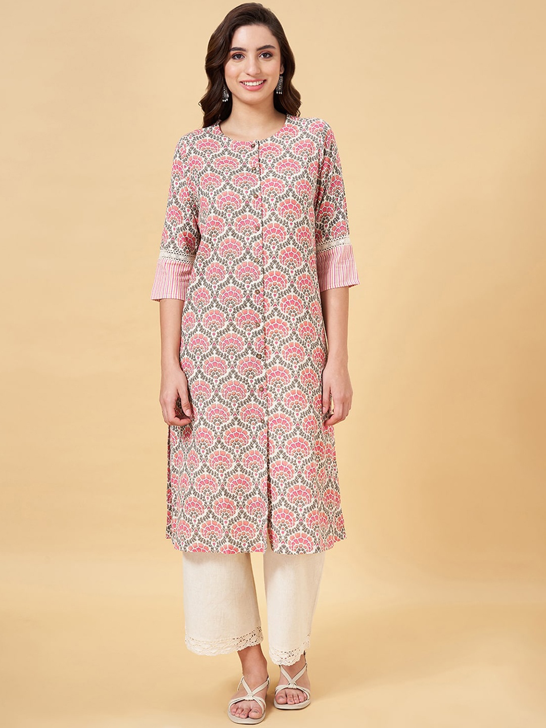 

RANGMANCH BY PANTALOONS Geometric Printed Mandarin Collar Kurta, Red
