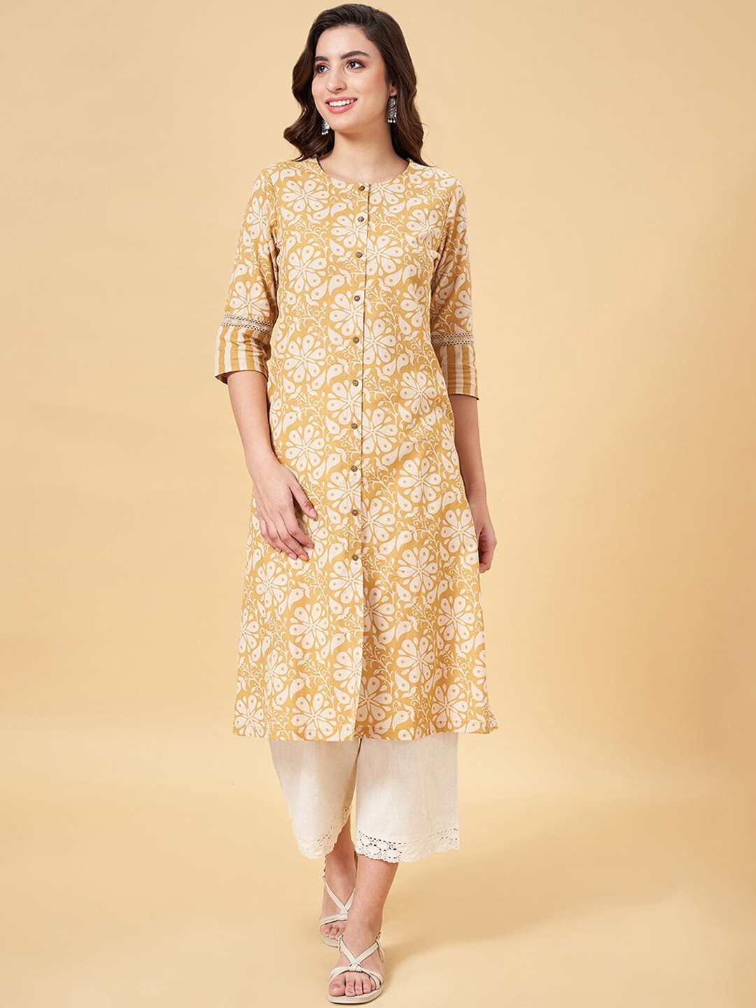 RANGMANCH BY PANTALOONS Floral Printed Round Neck A-Line Kurta, Brown
