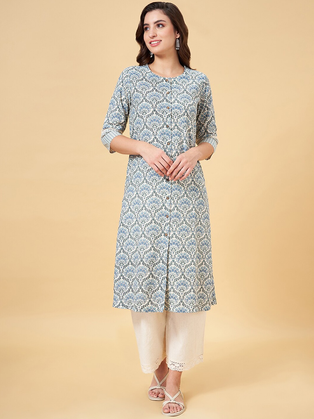 

RANGMANCH BY PANTALOONS Geometric Checked Mandarin Collar Thread Work Anarkali Kurta, Navy blue