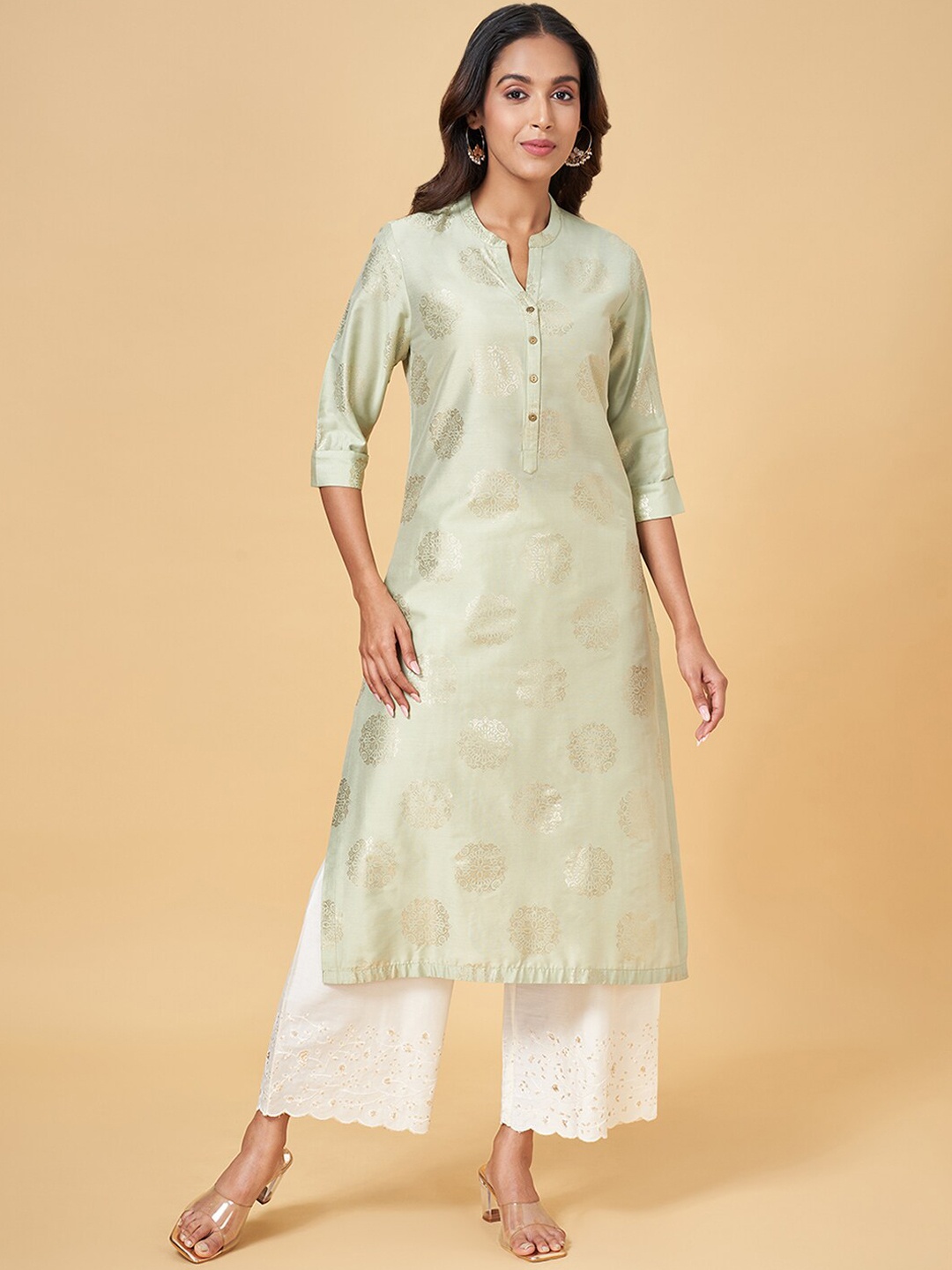 

RANGMANCH BY PANTALOONS Ethnic Motifs Printed Shirt Collar Kurta, Olive