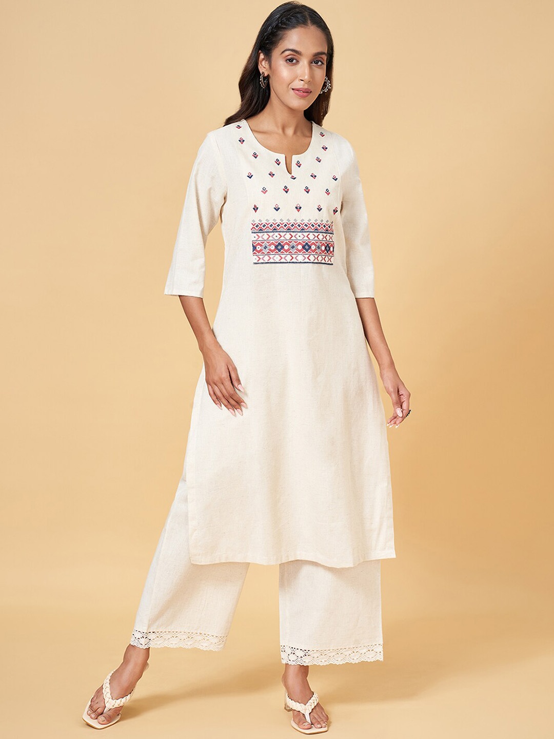

RANGMANCH BY PANTALOONS Floral Yoke Design Mirror Work Straight Kurta, White