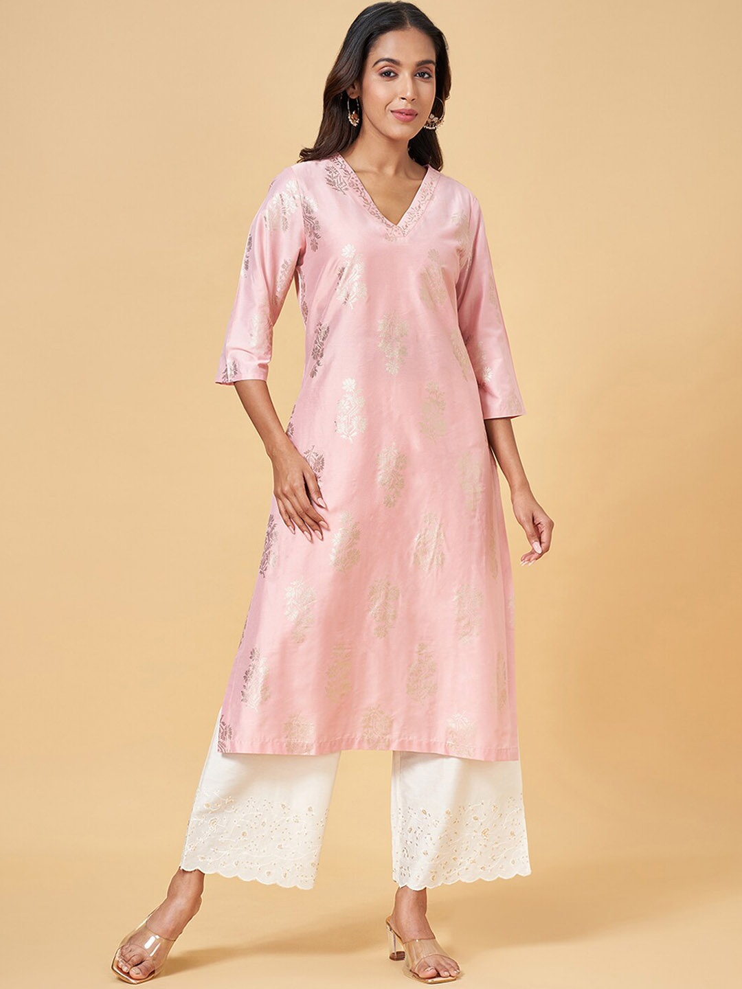 

RANGMANCH BY PANTALOONS Ethnic Motifs Woven Design Straight Kurta, Peach