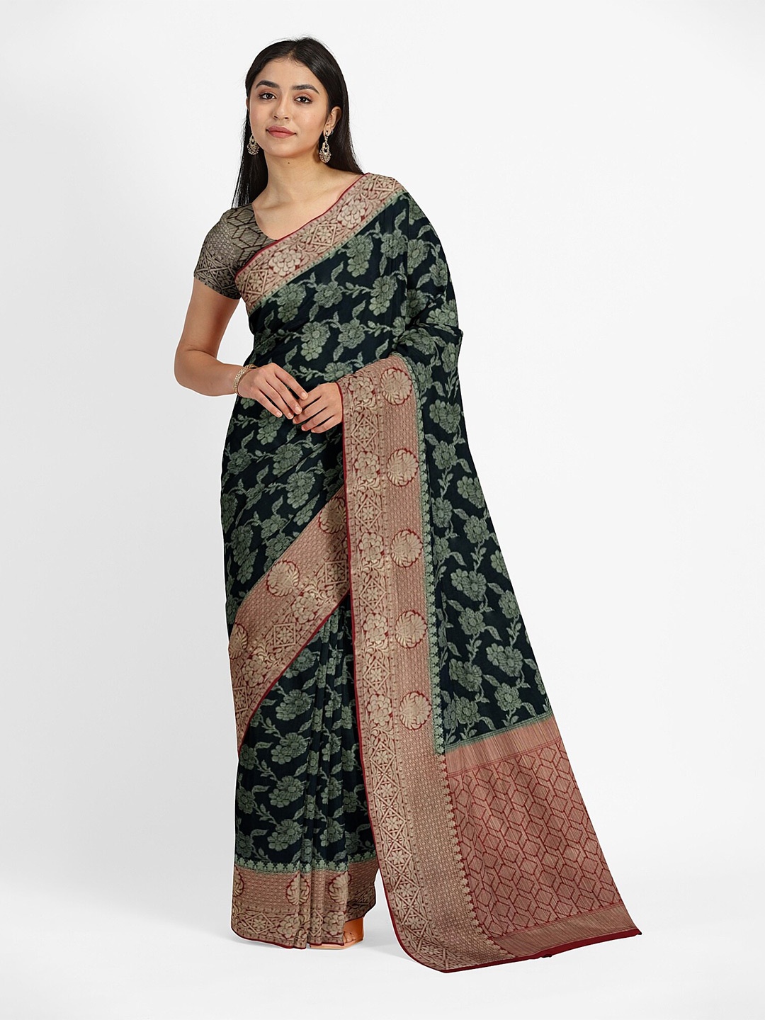 

Muskan Fashion Ethnic Motifs Woven Design Zari Pure Georgette Banarasi Saree, Black