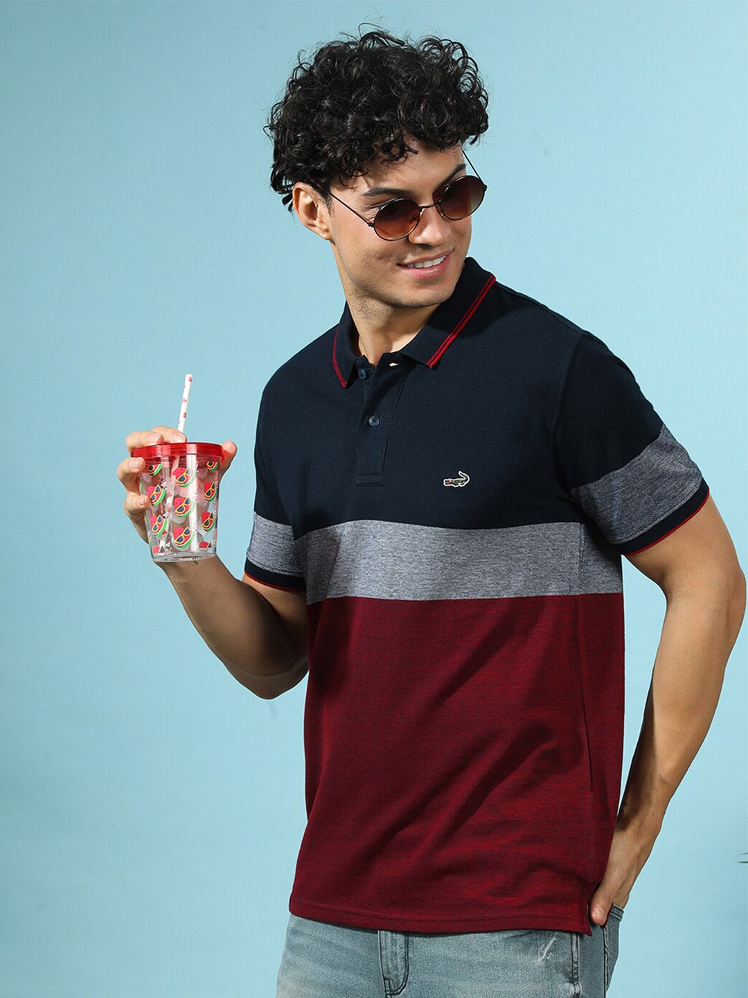 

Crocodile Colourblocked Polo Collar Cotton Applique Slim Fit T-shirt, Navy blue