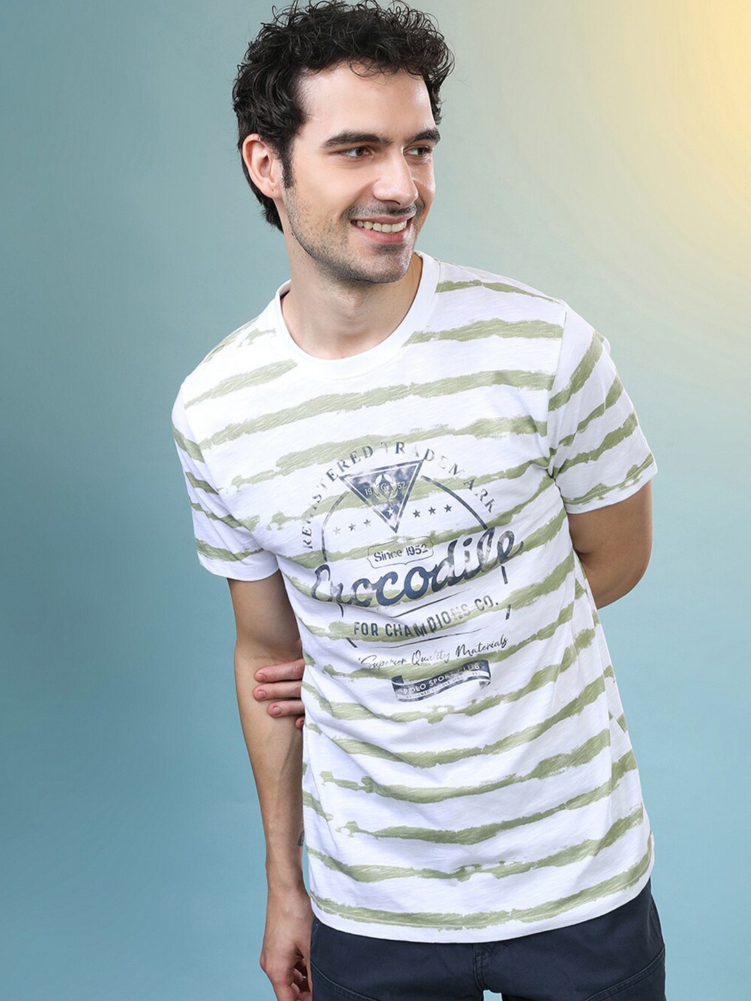 

Crocodile Striped Cotton Extended Sleeves Raw Edge Slim Fit T-shirt, Green
