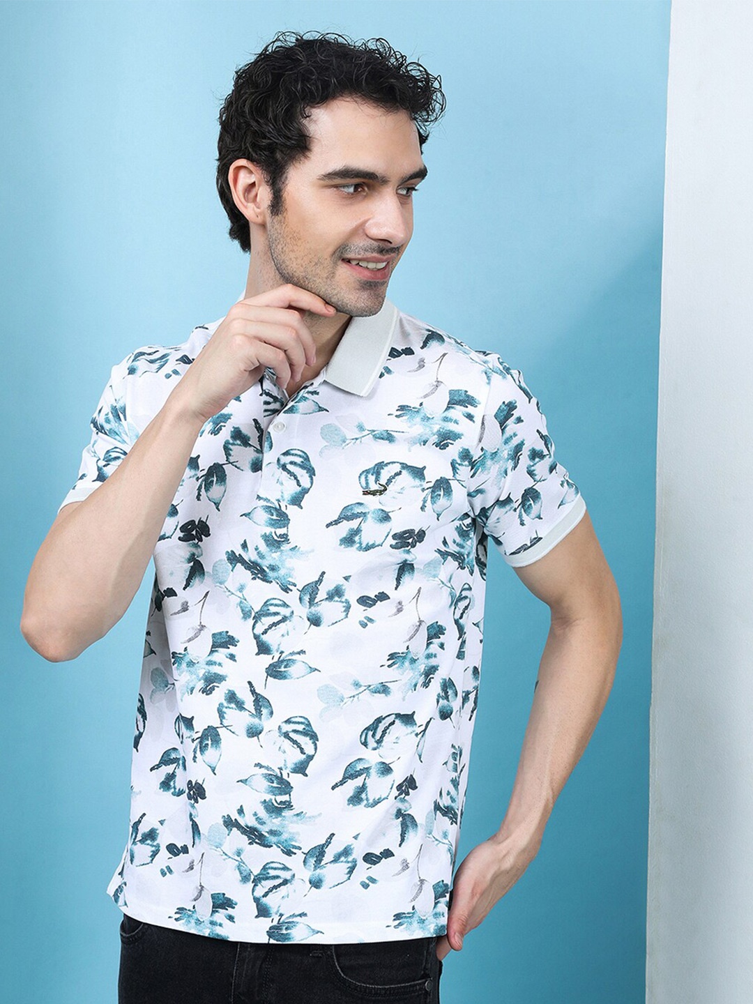 

Crocodile Floral Printed Polo Collar Raw Edge Slim Fit T-shirt, Blue