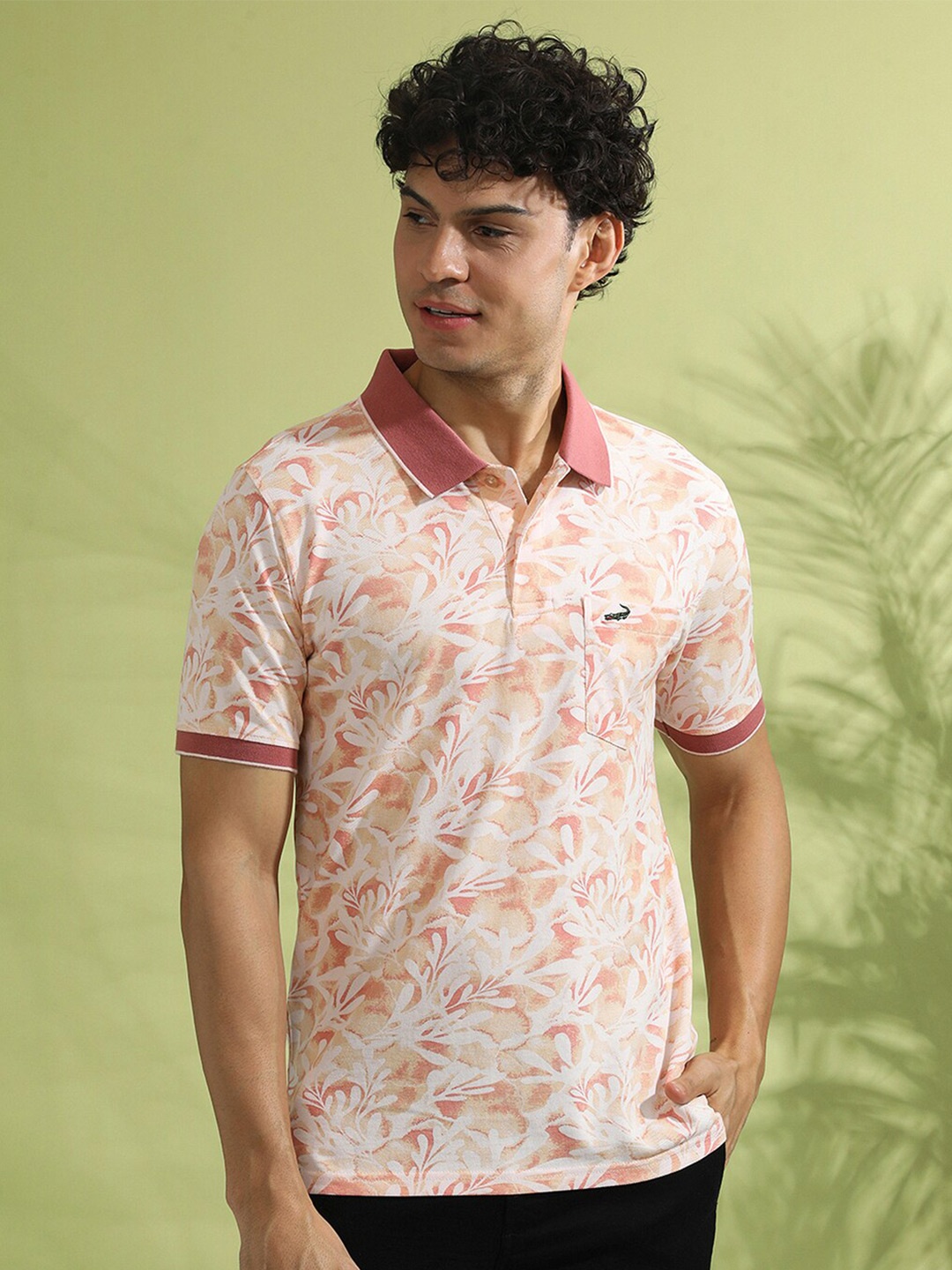 

Crocodile Floral Printed Polo Collar Cotton Slim Fit T-shirt, Coral