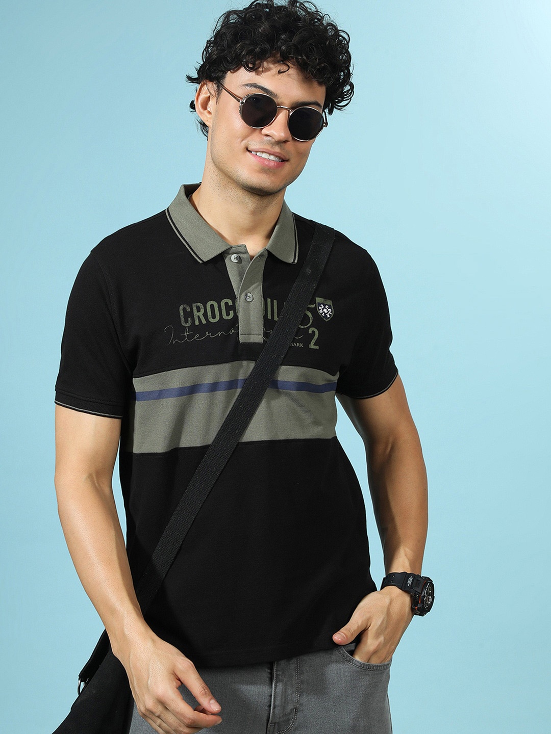 

Crocodile Typography Printed Polo Collar Cotton Applique Slim Fit T-shirt, Black