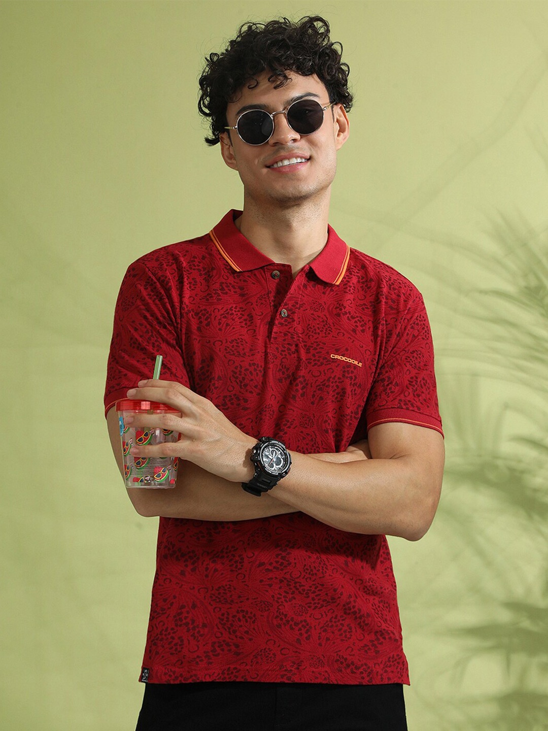 

Crocodile Floral Printed Polo Collar Short Sleeves Slim Fit T-shirt, Red