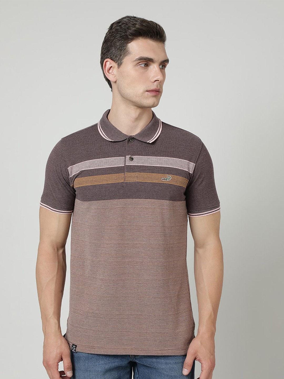 

Crocodile Striped Polo Collar Cotton Knitted Slim Fit T-shirt, Rust