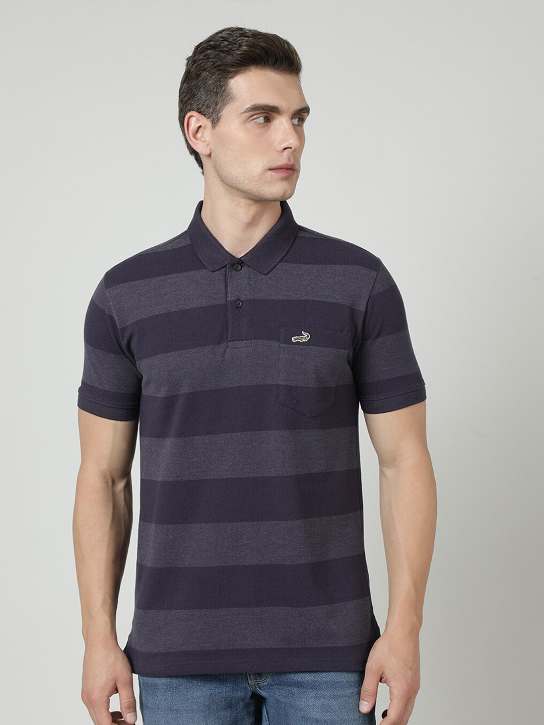 

Crocodile Striped Polo Collar Cotton Knitted Slim Fit T-shirt, Black