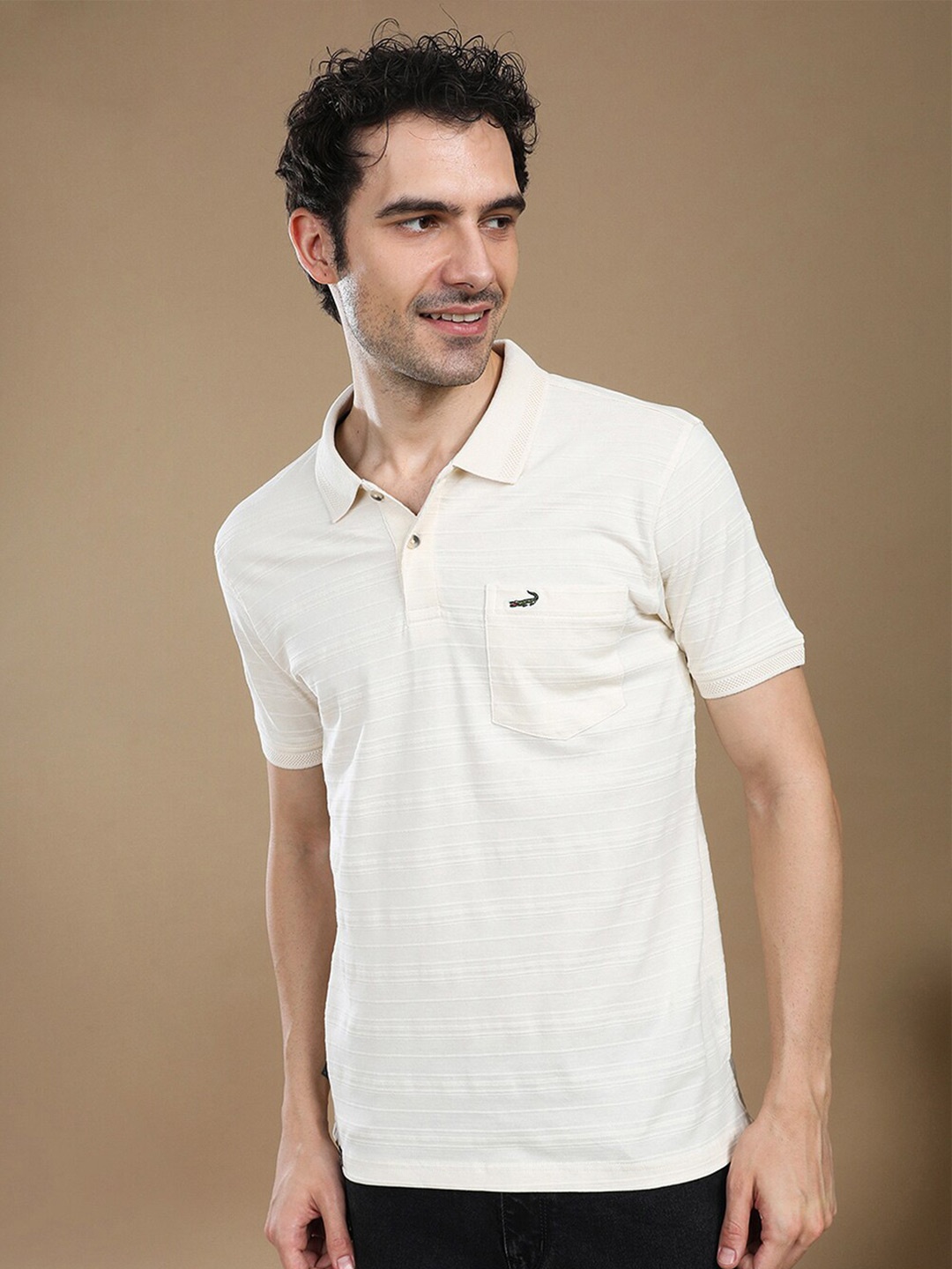 

Crocodile Polo Collar Cotton Slim Knitted Fit T-shirt, Off white