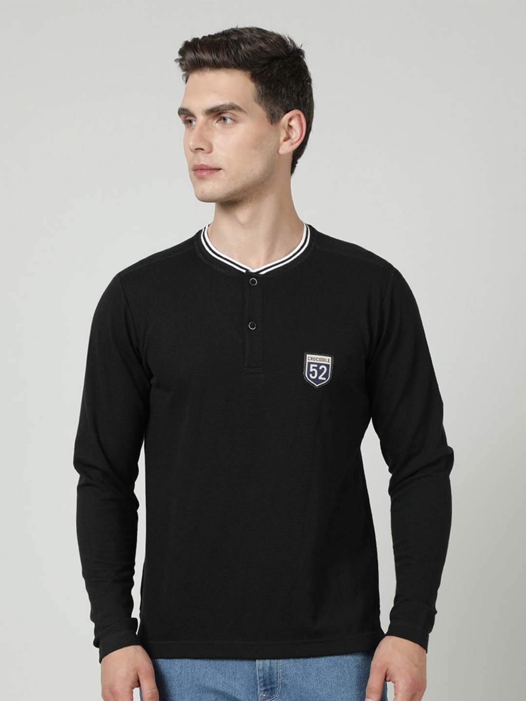 

Crocodile Henley Neck Cotton Applique Knitted Slim Fit T-shirt, Black