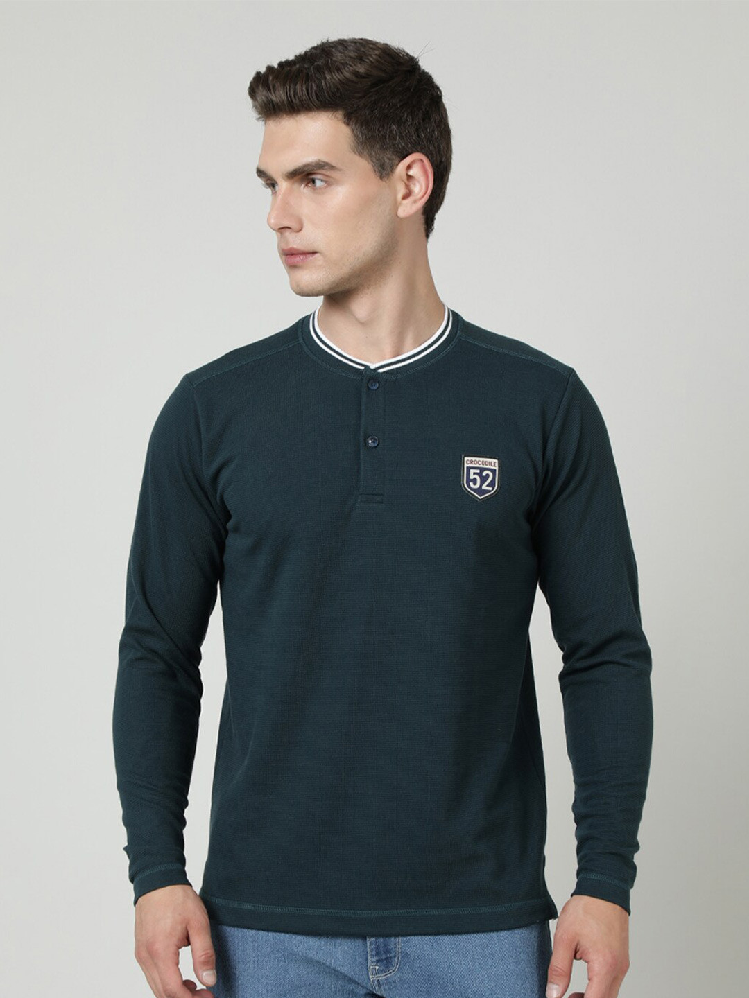 

Crocodile Mandarin Collar Cotton Mandarin Collar Applique Slim Fit T-shirt, Blue