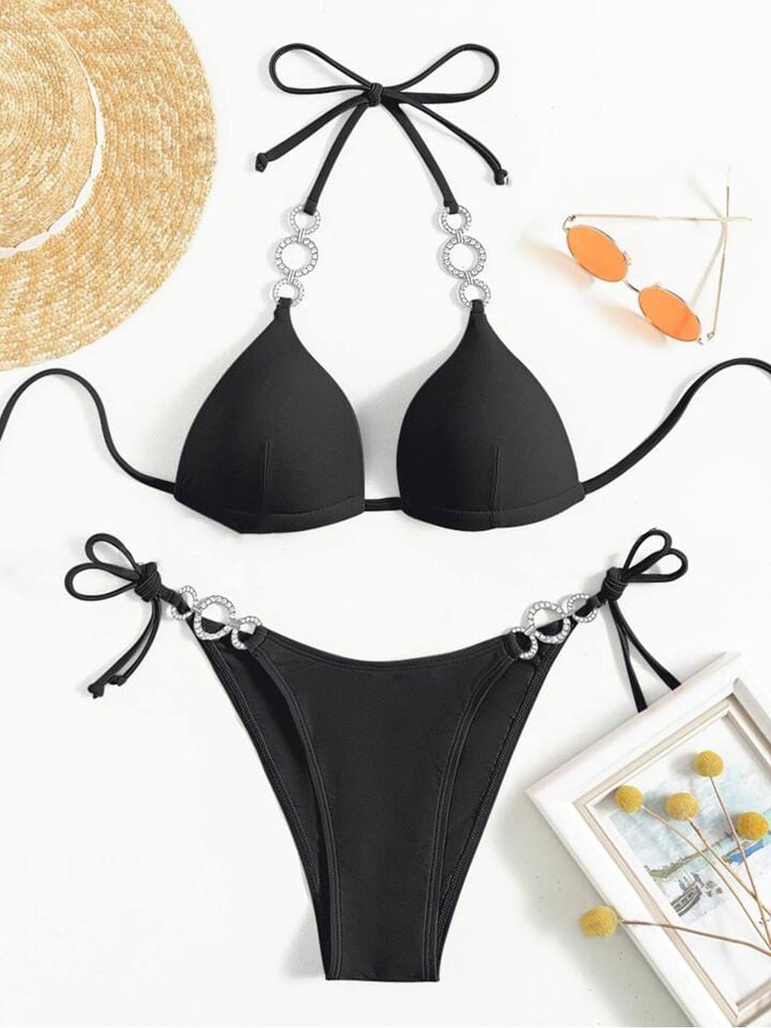 

KRENOZ Rhinestone Ring Linked Lingerie Set, Black