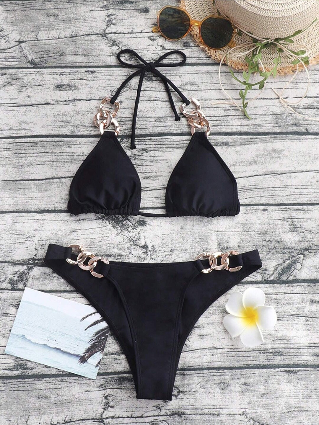 

KRENOZ Chain Linked Tie Back Halter Triangle Bikini Lingerie Set, Black