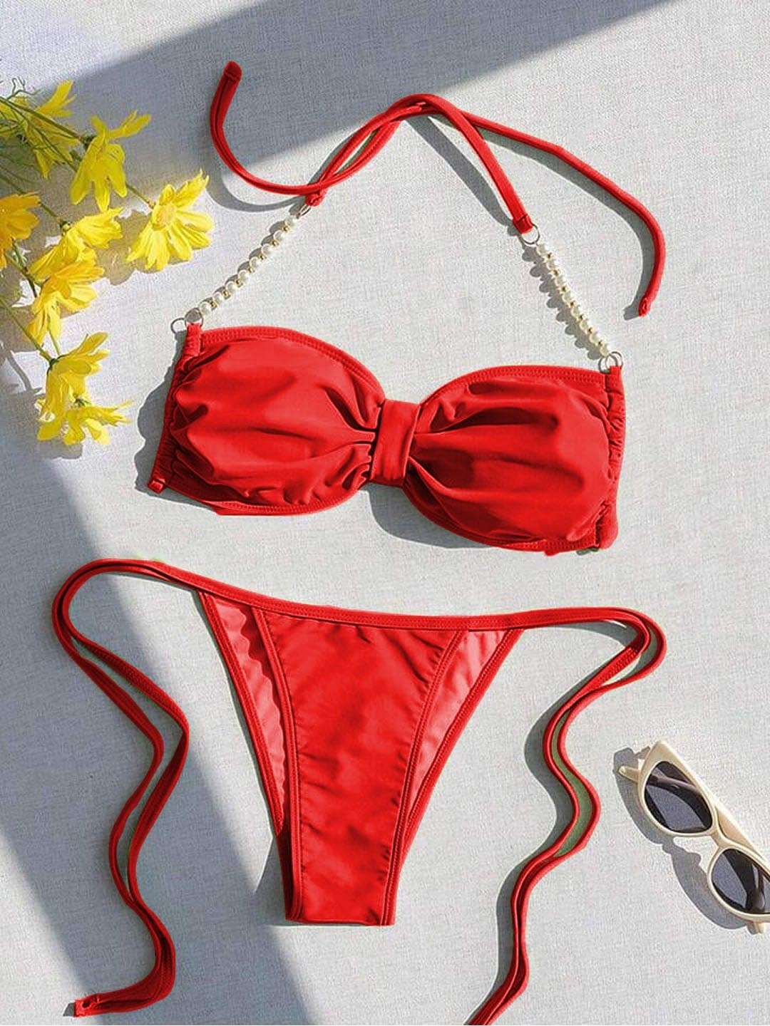 

KRENOZ Beads Details Tie Up Closure Lingerie Set, Red