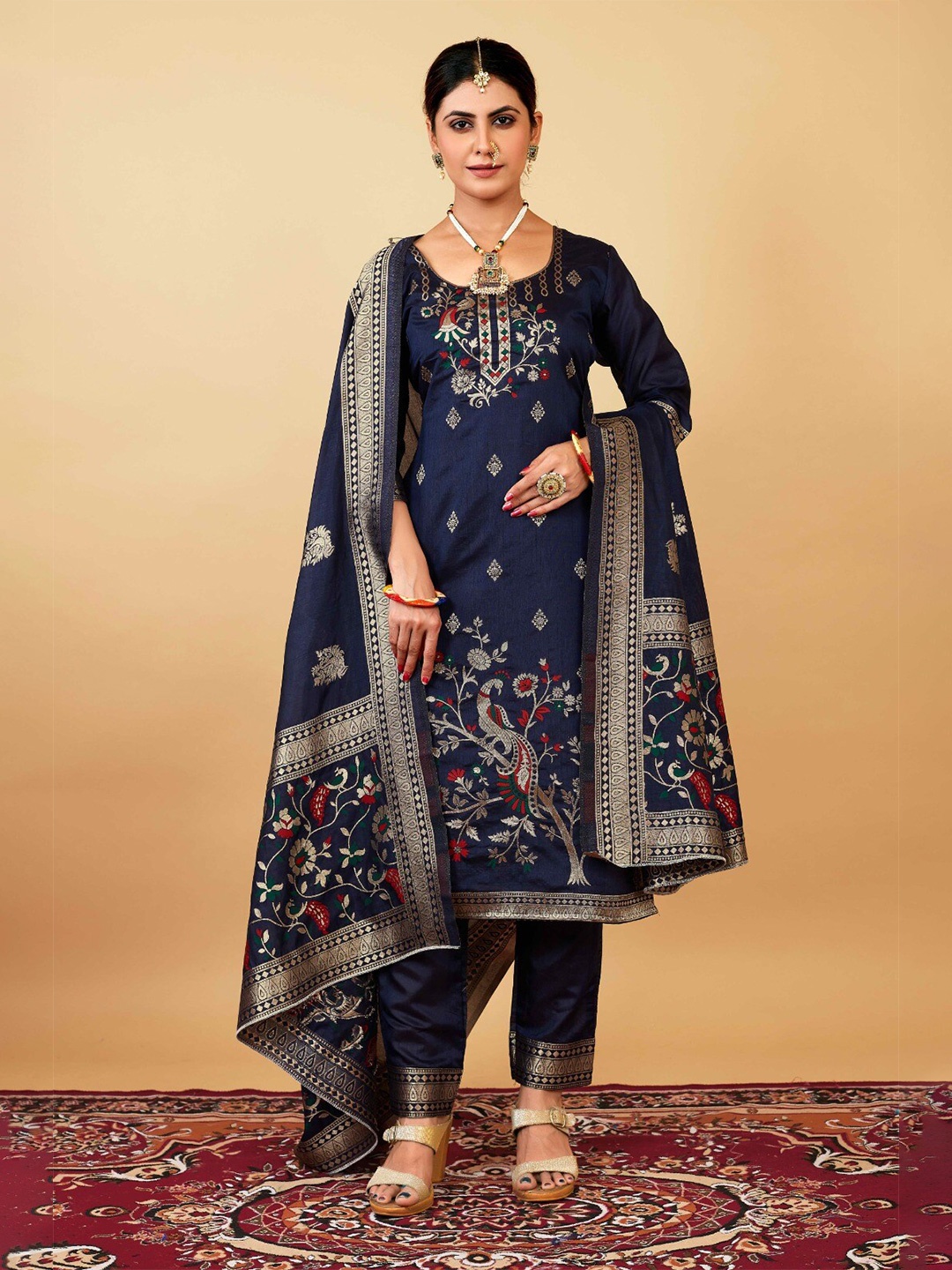 

Royal Rajgharana Saree Pure Silk Unstitched Dress Material, Navy blue