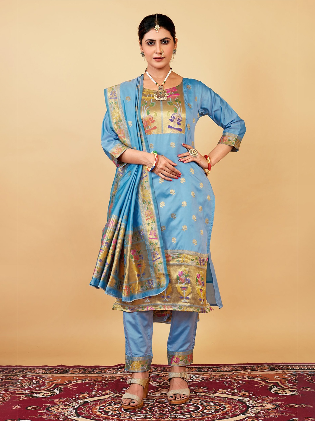 

Royal Rajgharana Saree Pure Silk Unstitched Dress Material, Blue